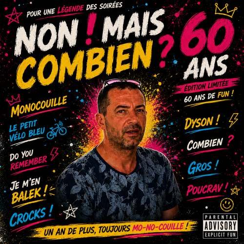 Affiche des 60 ans d'Olivier alias Zitoune : portrait humoristique entouré de surnoms et private jokes (Monocouille, Le petit vélo bleu, Dyson, Combien, Gros, Poucrav...) sur fond noir, rose fluo et jaune, style affiche rock 'Non ! Mais combien ?'